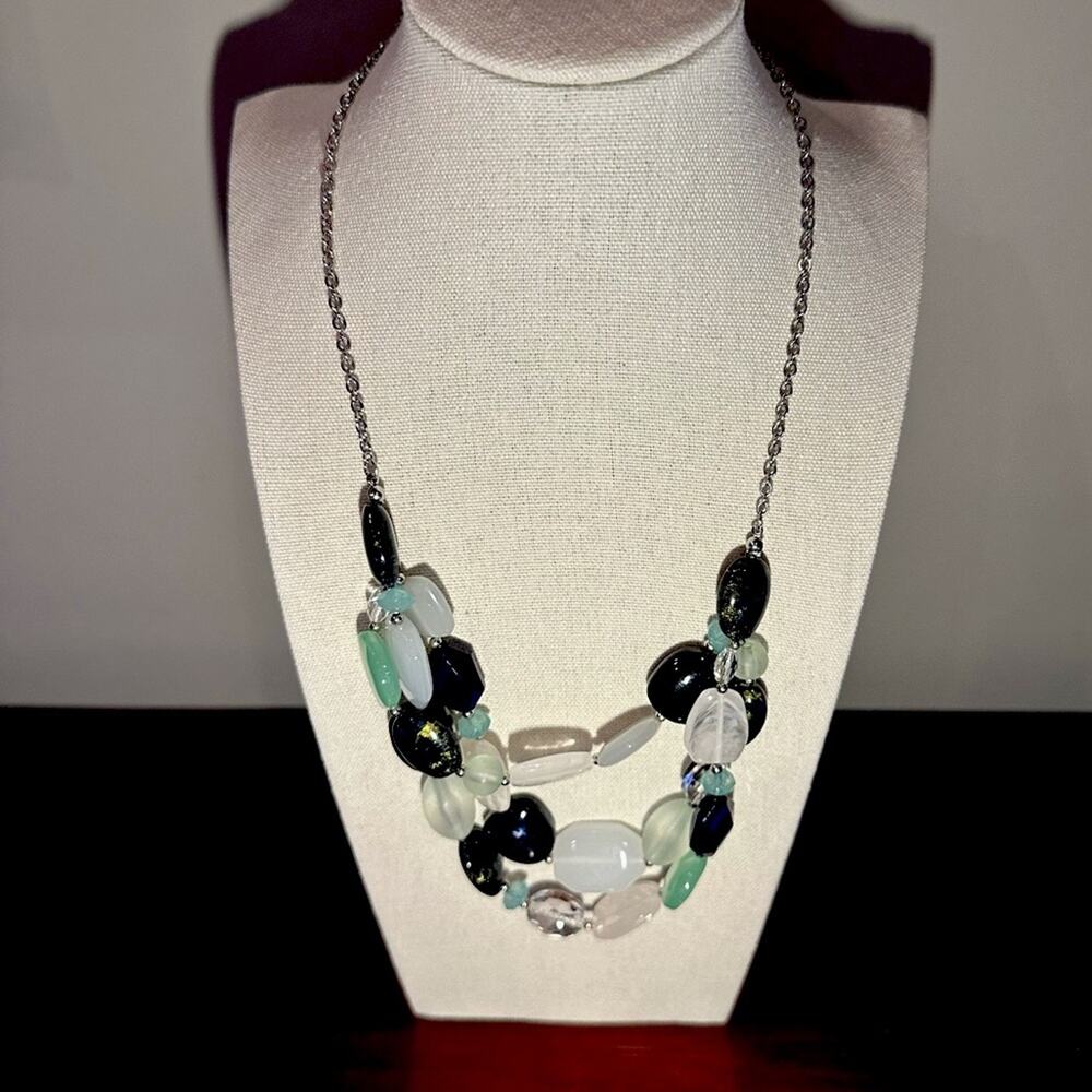Lane Bryant Triple Strand Beaded Statement Necklace White Green Blue Beads 22"